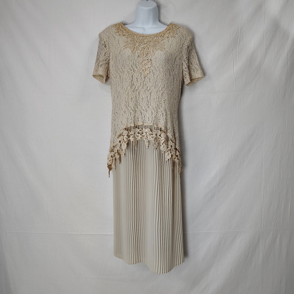 Vintage SL Fashions Dress Sz 12 Drop Waist Floral Lace Crochet Ivory And Ecru